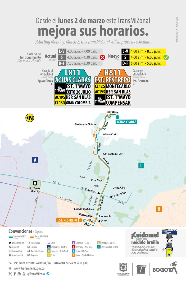 #AtenciónUsuarios 👤📢| Desde el próximo lunes, 2 de marzo, el servicio L811 - H811 mejora sus horarios.

Conoce los detalles aquí👇🏼. 

#ConsorcioExpressTeInforma #TransMilenio #cambio #transporte #movilidad #rutas #Bogotá <a href="/TransMilenio/">TransMilenio</a>