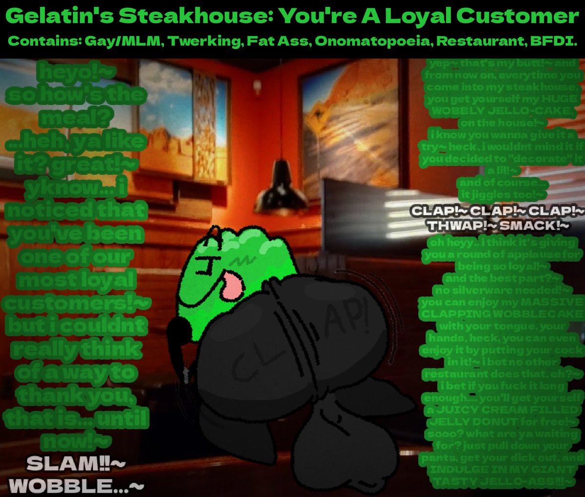 ISupposeItsMark's tweet photo. // Fat Ass, Twerking, Onomatopoeia, Restaurant, Talking To Viewer, Caption Edit

soo... i REALLY liked the way Gelatin was drawn here...
as a result, i decided to post an edit!~
man, im surprised i didnt cum while making this~

#oscnsfw #nsfwosc #nsfwart #nsfwtwt #nsfwedit #nsfw https://t.co/08gOTJudsT