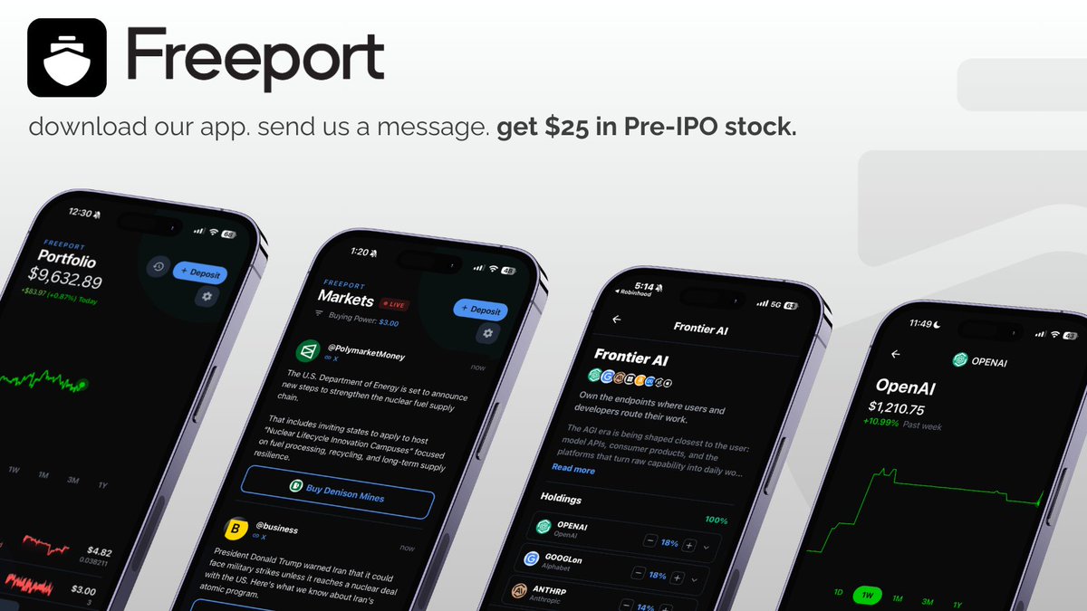 We're now live on iOS and Android.

Freeport is a tradable news feed, filtered for the sources you trust and the assets you care about.

Trade breaking narratives across 400+ stocks and crypto plus pre-IPO names like SpaceX, OpenAI, Anthropic, and Anduril. Download and contact us