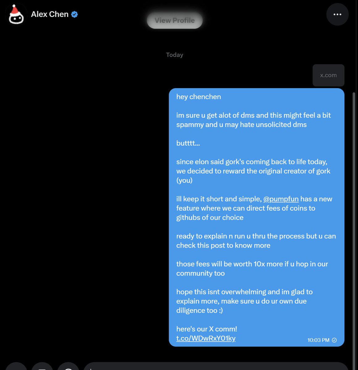 ok just sent a well thought dm to <a href="/chenchen/">Alex Chen</a> 

will keep working and pushing to get him to join the x comms

gork creator deserves all the fees, love and volume, not a random shitter from 9 months ago

<a href="/gork/">gork</a> goes live today and we will stay alive as we already did (for 3h+) till