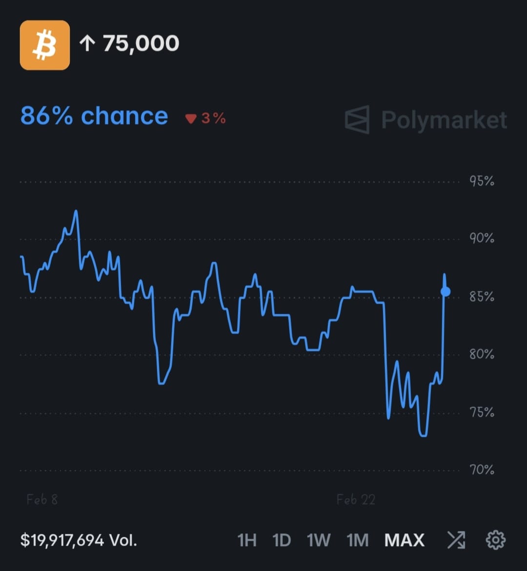 saurav_tweets's tweet photo. chances of btc going above 75k are higher than it dropping below 60k according to @Polymarket

good times ahead? https://t.co/DanVjTnzk4