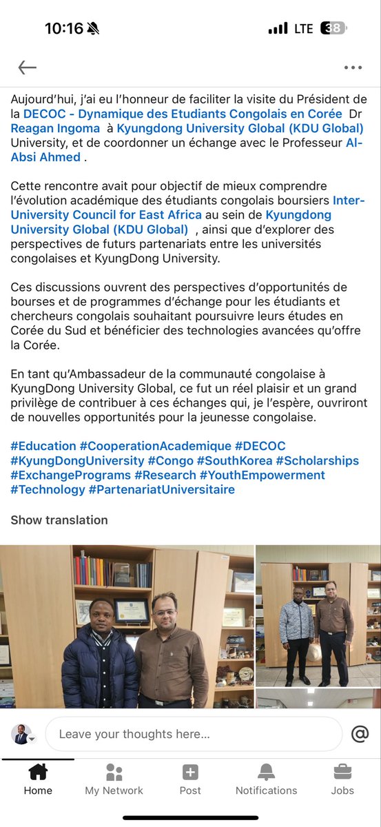 CrispinNjewa's tweet photo. Honored to facilitate the visit of the President of DECOC, Dr Reagan, to KyungDong University and coordinate an exchange with Prof. Absi.
#Education #Scholarships #ExchangePrograms #DECOC #KyungDongUniversity #Congo #SouthKorea #YouthEmpowerment https://t.co/lHDcZzUPTo