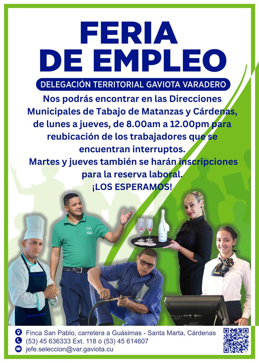 #GaviotaVaradero invita a sus trabajadores a participar en la feria de empleo destinada a su reubicación en los diferentes territorios.👌

Estamos juntos en este proceso. La confianza y la unidad nos harán regresar más fuertes.💪

#NuestraGente #TeamGaviota