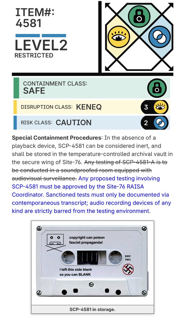 site_42's tweet photo. SCP-4581 is an anomalous, altered version of this tape created to bring a halt to racist, fascist, and genocidal propaganda. 

Or at least, that’s what it’s meant to do if used as intended. https://t.co/wumkYB9Otc