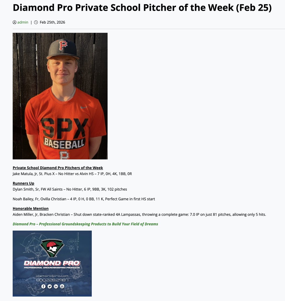 PSTxHSBaseball's tweet photo. @Diamondpropgp Private School Pitcher of the Week is Jake Matula, St. Pius X.  Congratulations!  Check it out at https://t.co/69MwN85bjM
@JMatula21 @SPXPanthers https://t.co/Rr7scsbJQp