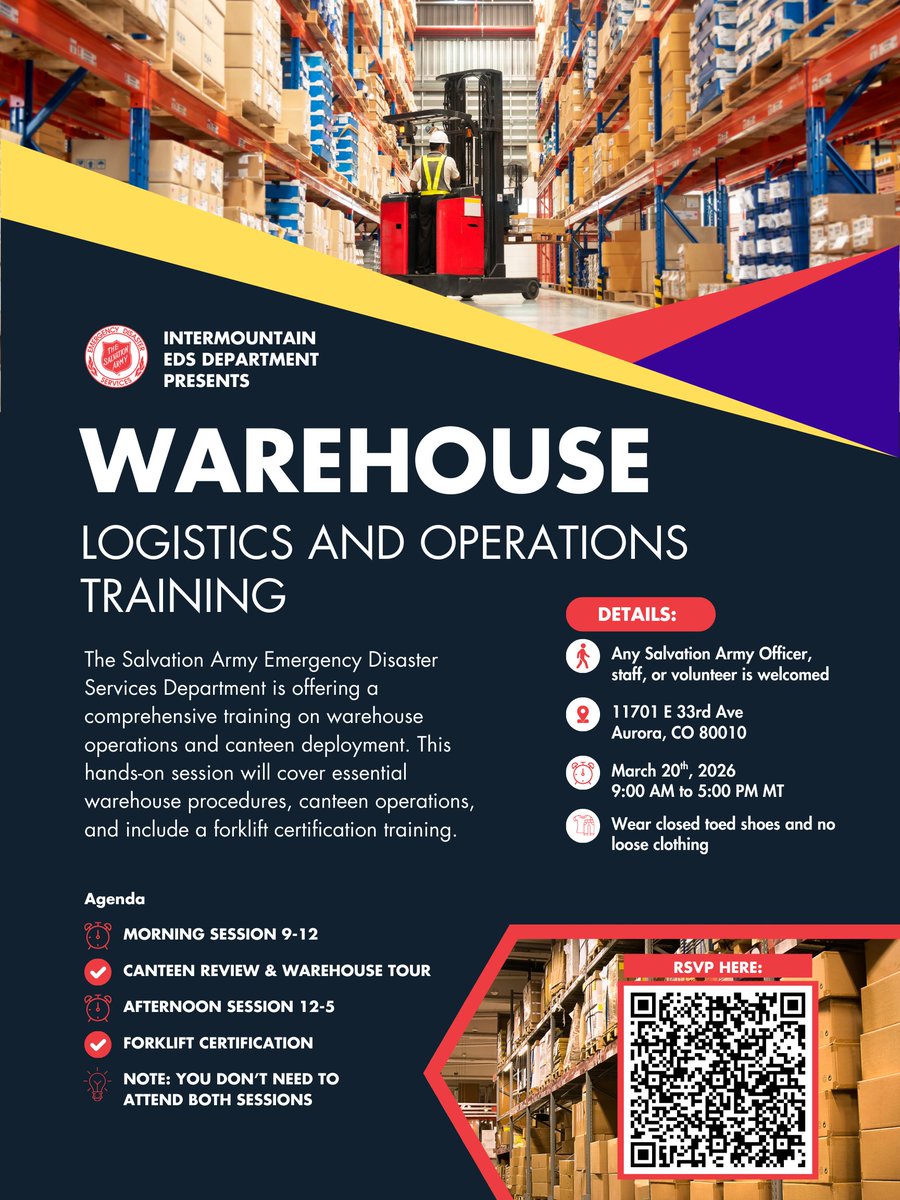 SalArmyIMEDS's tweet photo. Have you ever wanted to aid your community during times of need through meeting physical needs? Want to learn more about our warehouse operations pre and post disasters? Come out to our training happening March 20th at our Aurora warehouse - register below!👷‍♂️❗️⛔️ https://t.co/gdgiWeEvlK