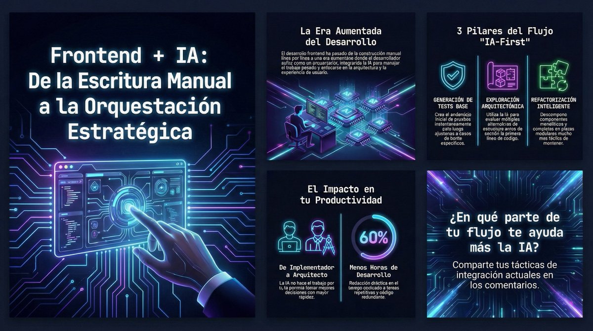 jorgeninor's tweet photo. Antes: todo “a mano” → progreso lento y frustración.
Ahora: IA integrada en mi flujo frontend.
La uso para:

- Tests base (yo los ajusto).
- Explorar arquitectura rápido.
- Refactorizar componentes grandes.

No es “la IA hace mi trabajo”. Es: mejores decisiones, más rápido. https://t.co/OkD7MTYQlw