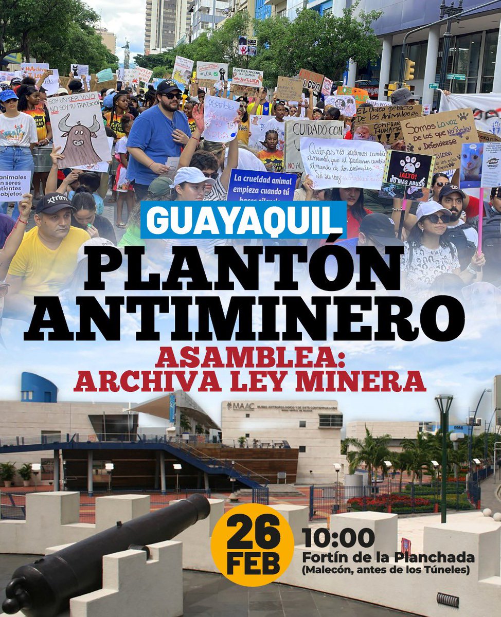 Hemos expresado en muchas consultas, que este pueblo NO quiere minería contaminante y destructora de la naturaleza, pero una sarta de enemigos del pueblo han decidido aprobar la Ley Minera.
Mañana por eso, plantón , 10:00 am,Fortín de la Planchada. Símbolo de resistencia guayaca.