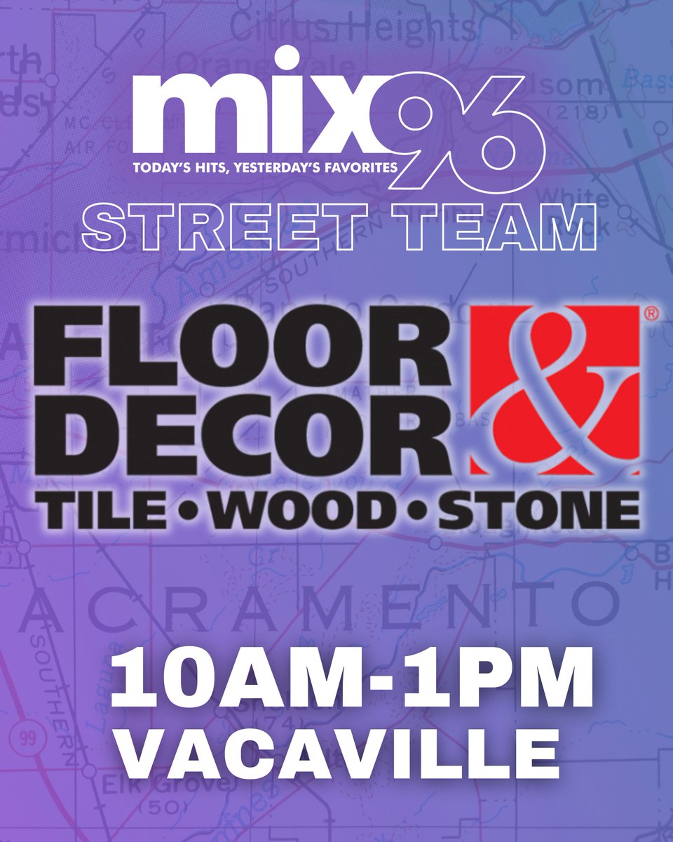 Mix96Sac's tweet photo. Join Doug and the MIX 96 Street Team at @flooranddecor's latest Grand Opening in Vacaville on Saturday from 10am to 1pm! Come hang out with us and get to know what Floor &amp; Decor is all about.
#MIX96 #FloorAndDecor #Vacaville #GrandOpening https://t.co/8nWnbddfpM