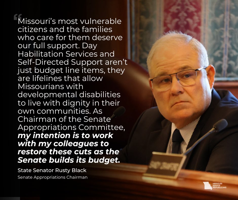 Senate Appropriations Chairman Rusty Black released the following statement on the Governor’s proposed cuts to disability services and his intention to work with colleagues to restore funding as the Senate builds its budget. #moleg