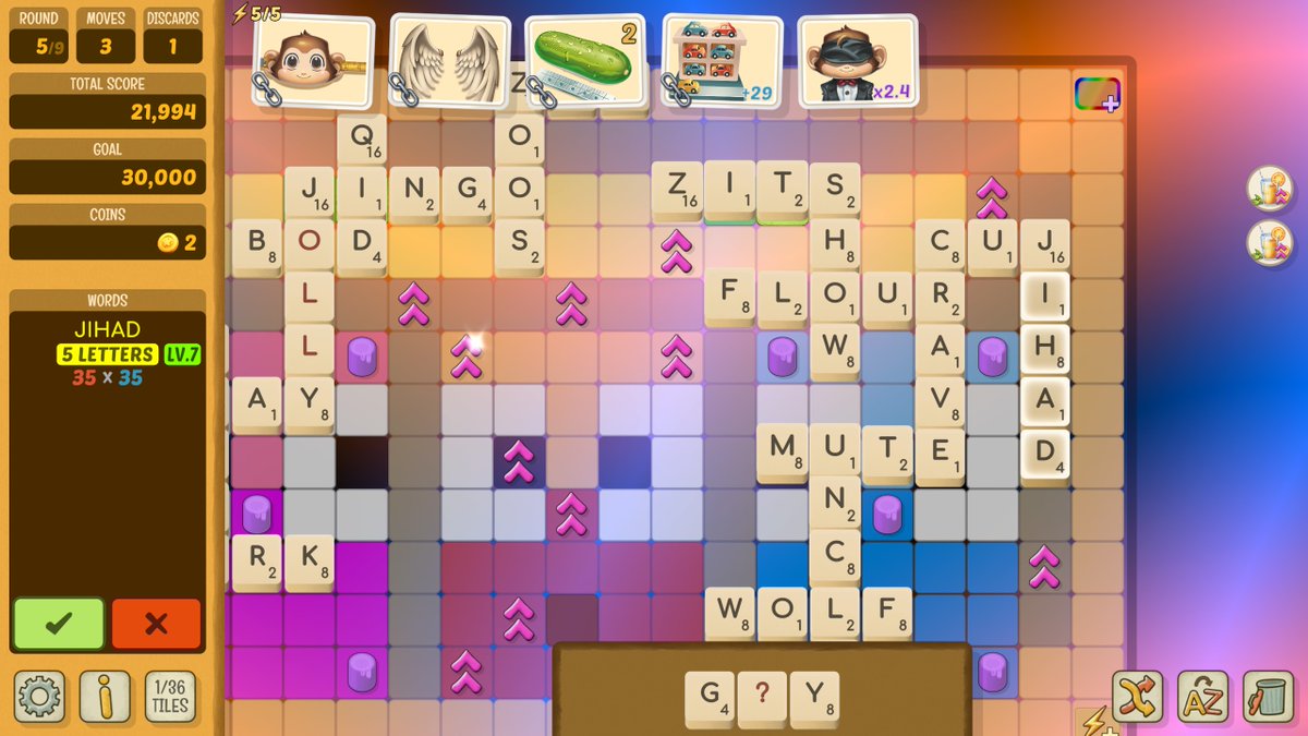 Kakuchopurei's tweet image. We just played through the demo of Beyond Words. Check out what words we came up with, as cunning linguists.  
#scrabble #balatro #indie #beyondwords