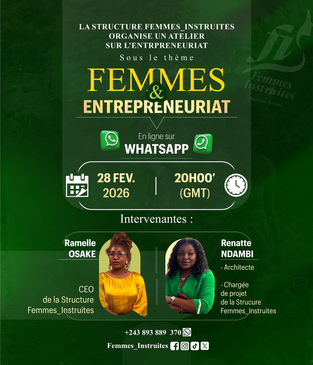 28/02 — 20h GMT | Atelier en ligne
Femmes &amp; Entrepreneuriat avec Femmes Instruites
Apprendre. Oser. Réussir.
Rejoins-nous sur WhatsApp.