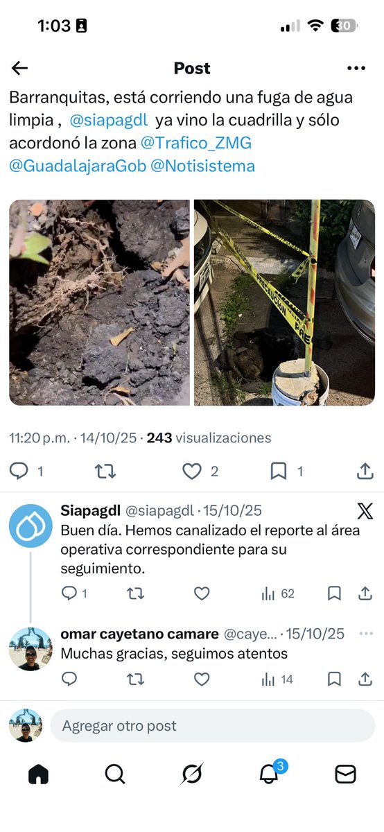 caye2000's tweet photo. @siapagdl están atendiendo este socavón y a la vuelta está otro que tengo reportado desde el año pasado y no han atendido , solo dicen que lo canalizan pero no dan número de reporte, necesito uno para que lo atiendan por
Favor @Trafico_ZMG @GuadalajaraGob https://t.co/GXHwce1iNR