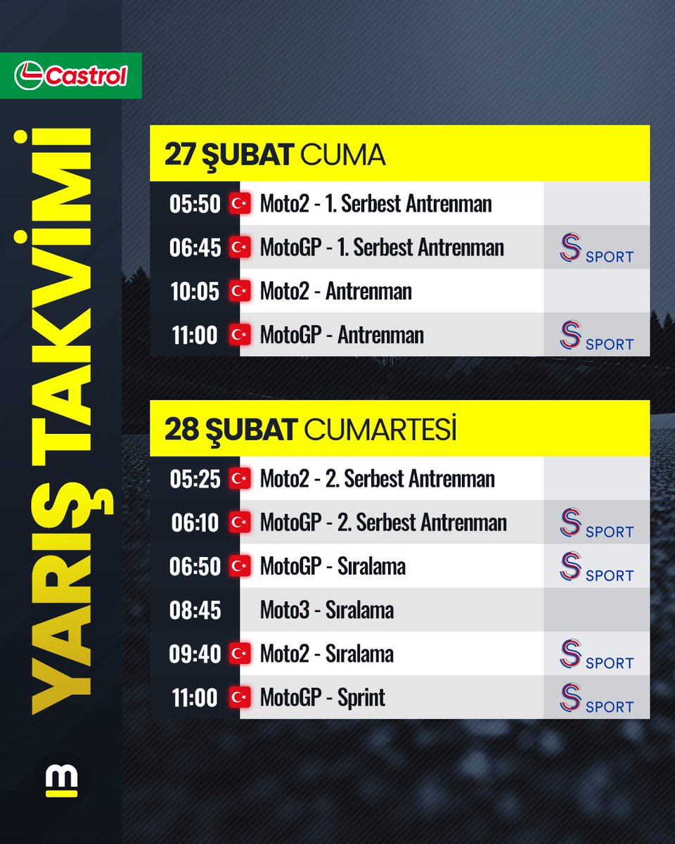 motorsportcomtr's tweet photo. 🏁 O BEKLENEN HAFTA GELDİ, MOTOGP SEZONU BAŞLIYOR!

🇹🇷 Toprak Razgatlıoğlu, MotoGP’de ilk yarış hafta sonuna çıkıyor. 

🏍️ Moto2 serisinde yer alan Deniz Öncü için serideki 3. sezonu başlıyor.

Haftalık takvim için kaydırabilirsiniz ➡️

#CastrolEDGE x @CastrolTurkiye https://t.co/g2UfsUHNpx