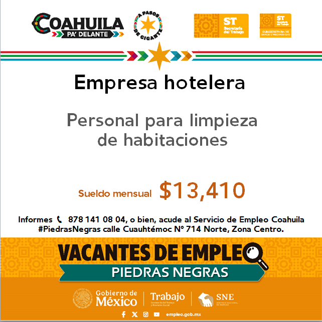 📢Vacantes de empleo en #RegiónNorte  
#PiedrasNegras  

📌 Servicio de Empleo #PiedrasNegras
 📍 Dirección: Cuauhtémoc N° 714 Norte, Zona Centro
📞 Informes: 878 141 08 04

Contáctanos hoy mismo.  

#CoahuilaPaDelante #APasosDeGigante #SNEparaTodos