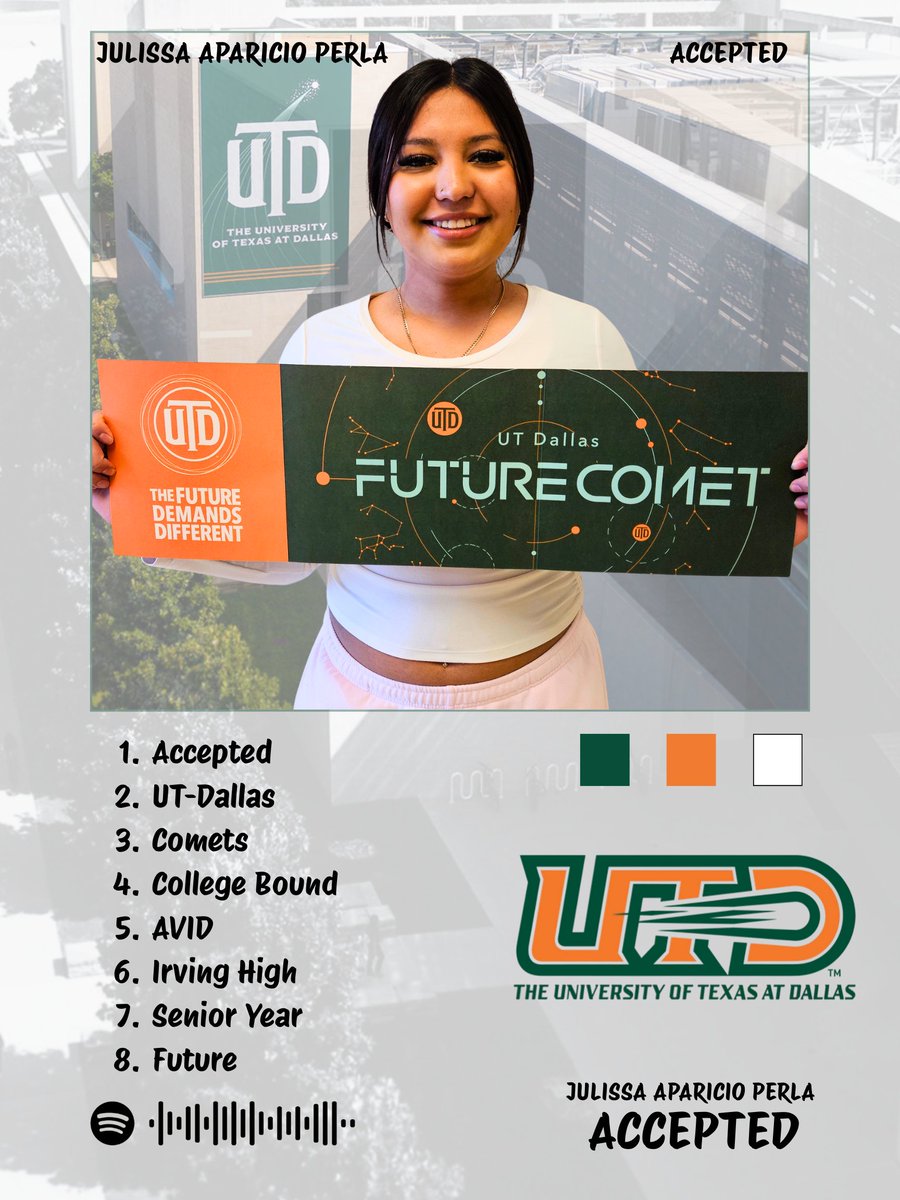 IHS_AVID's tweet image. Congratulations to @IrvingHigh student, Julissa, on her acceptance to @UT_Dallas. We are #AVID proud! #futurecomet #texastornadodesign #IrvingISD #accepted