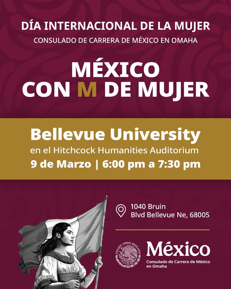 ConsulmexOmaha's tweet photo. 💜 Conmemoración del #8M

El @ConsulmexOmaha te invita a un evento especial por el Día Internacional de la Mujer.

📅 9 de marzo
⏰ 6:00–7:30 pm
📍 Universidad de Bellevue
🎥 Facebook Live
Un espacio de reflexión y reconocimiento a las mujeres de nuestra comunidad.
¡Te esperamos! https://t.co/EFtYSiUWXf