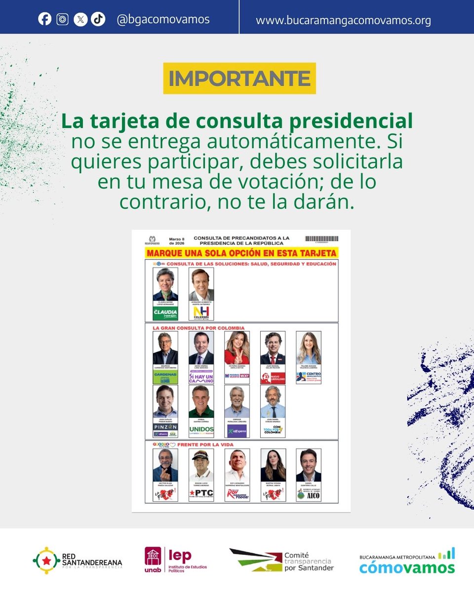 Te lo explicamos:

1️⃣ Cámara de Representantes: Territorial (se entrega por defecto), Indígena o Afrocolombiana.
2️⃣ Senado: Nacional (por defecto) o Indígena (debes solicitarla).
3️⃣ Consulta presidencial: no se entrega automáticamente. Si quieres votar, debes pedirla.