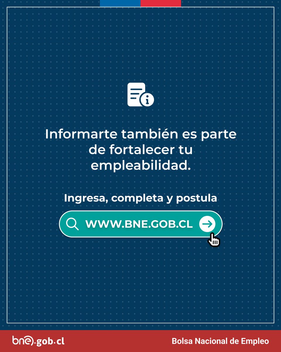 📊 ¿Dónde informarte sobre el mercado laboral en Chile? 

Puedes conocer en qué áreas se está empleando más gente y cuáles son las cifras actuales sobre empleo.

📲Ingresa, completa y postula en bne.gob.cl