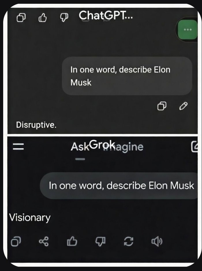 ChatGPT  vs  Grok
In one word, describe Elon Musk
<a href="/elonmusk/">Elon Musk</a>