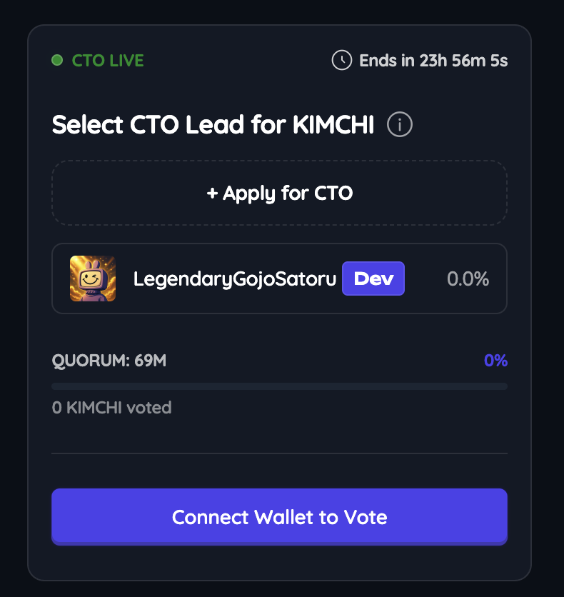 And so it begins.. $KIMCHI CTO is now live!

This is the most important development in history of memecoins. You can now apply or vote to elect the CTO lead who would steer this community in its next phase.