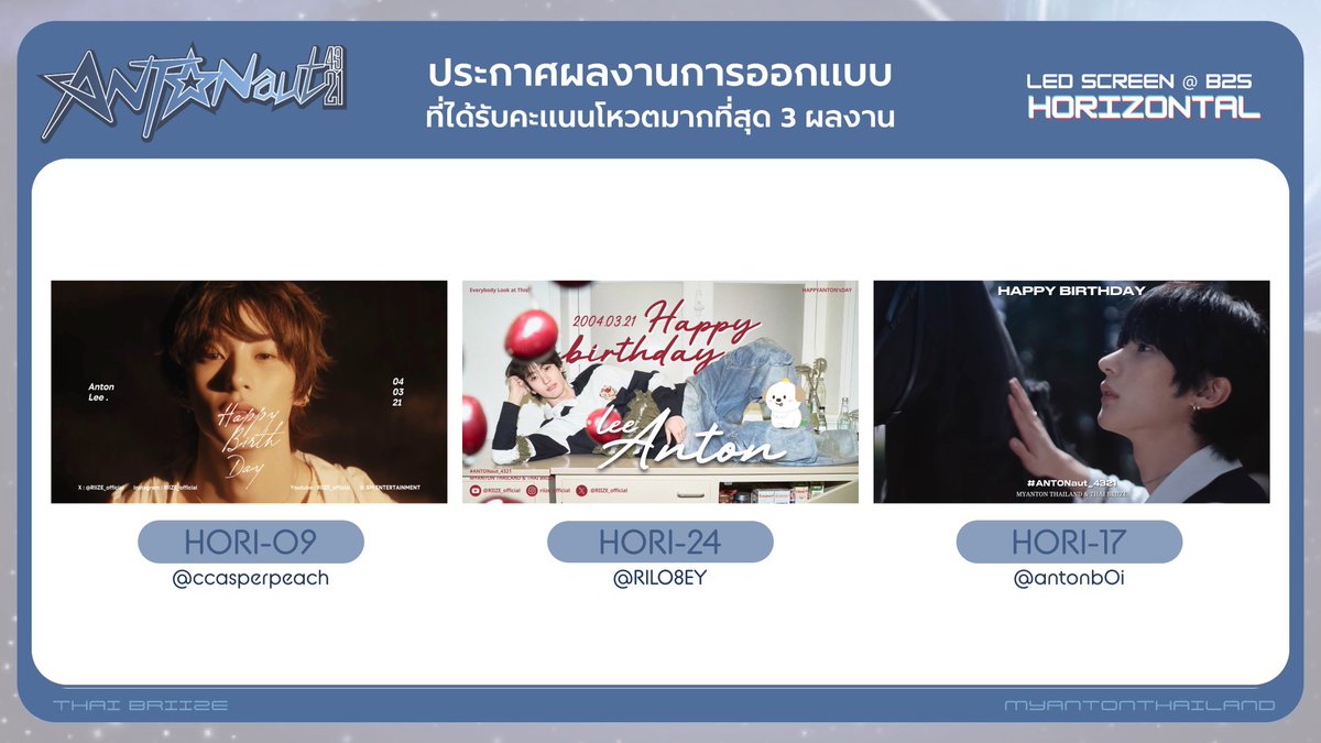 𝙁𝘼𝙉 𝙋𝙍𝙊𝙅𝙀𝘾𝙏 𝙁𝙊𝙍 𝘼𝙉𝙏𝙊𝙉 2026 𝘽𝙄𝙍𝙏𝙃𝘿𝘼𝙔 

.𖥔 ݁ ˖ִ🛸༄˖°.  ＡＮＴＯＮａｕｔ_４３２１

📣 ประกาศผลการคัดเลือก ARTWORK สำหรับจัดแสดงในโปรเจกต์ ✨

🔭 Vertical

🏆 VER-02 by <a href="/anyonebutju/">juliette</a> 
🏆 VER-05 by <a href="/bluejerryclub/">indyrablue</a> 
🏆 VER-15 by <a href="/ccasperpeach/">valen .ᐟ 🪿🫧</a> 

🔭 Horizontal