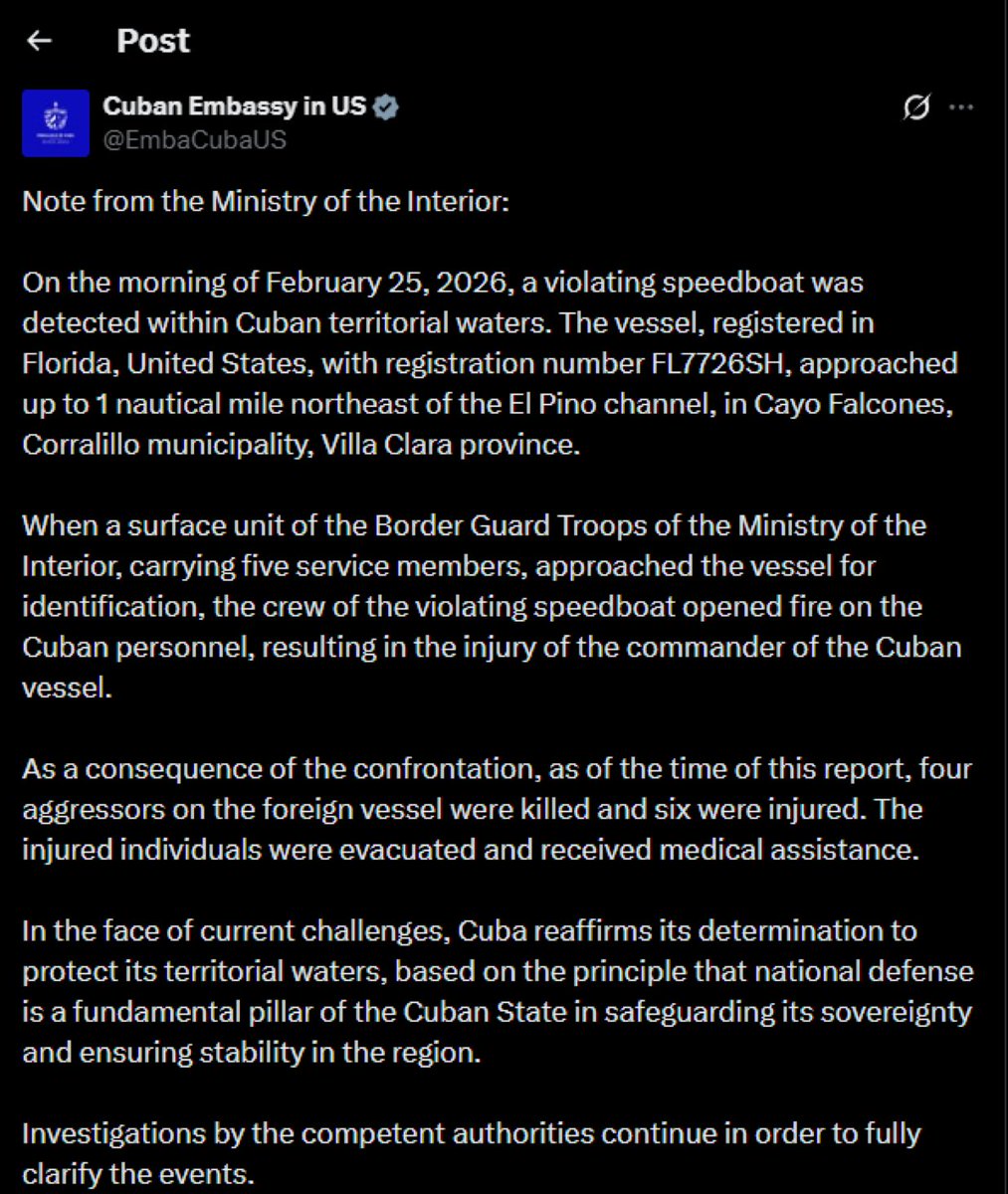 WorldDailyFeed's tweet image. 🚨 SHOCKING: Cuban Coast Guard shoots and kills 4 U.S. speedboat passengers 🇺🇸💥

Tensions escalate as details emerge from Cuba’s Interior Ministry. 

This is sending shockwaves online 😳