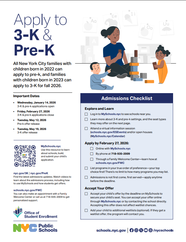 District22BKNY's tweet photo. If your child was born in 2022 or 2023, you can apply for free 3-K or pre-k programs for the upcoming school year.

3-K and pre-k applications for the 2026-2027 school year are due Friday, February 27, 2026 at https://t.co/c98ay8OdN2
 Flyer https://t.co/z1LCKw5Fun https://t.co/puyPGZDTAr