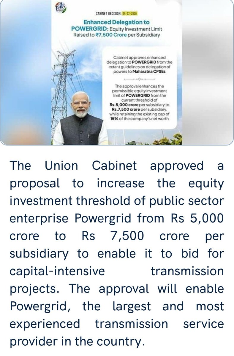 Cabinet approves hike in Powergrid's equity investment threshold to Rs 7,500 cr per subsidiary.