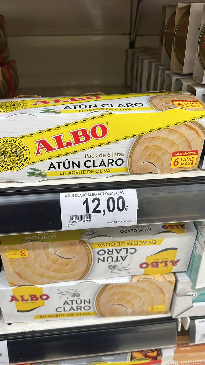 12€ 6 latas de Atún, los aranceles de Trump supongo, me imagino que será por que viene de Ucrania y esta faenado por pescadores Palestinos, hay que tener en cuenta que el mercurio es caro. Qué locura…