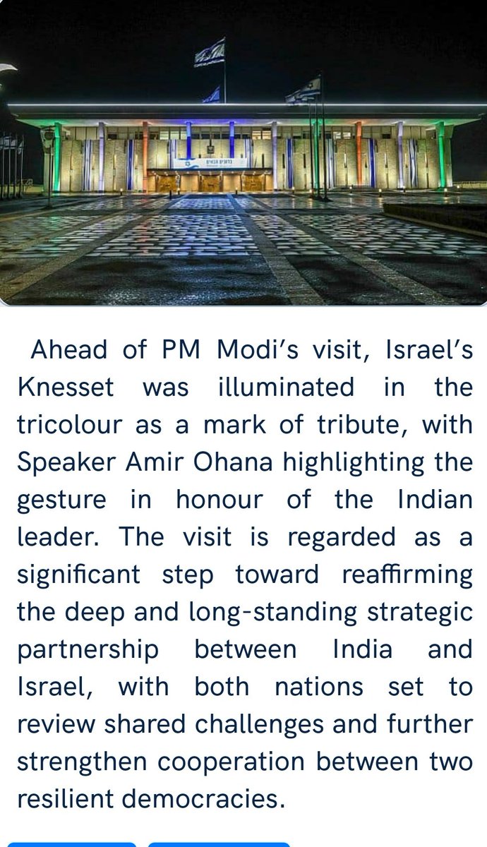 Israel's Knesset illuminates in tricolour ahead of PM Modi's visit.