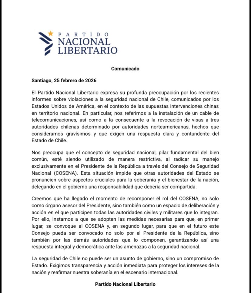 Los antecedentes sobre supuestas intervenciones chinas en territorio nacional y la revocación de visas a autoridades chilenas son hechos gravísimos que no pueden tratarse como un asunto administrativo más.

La seguridad nacional es un tema de Estado, no de gobierno.

Exigimos