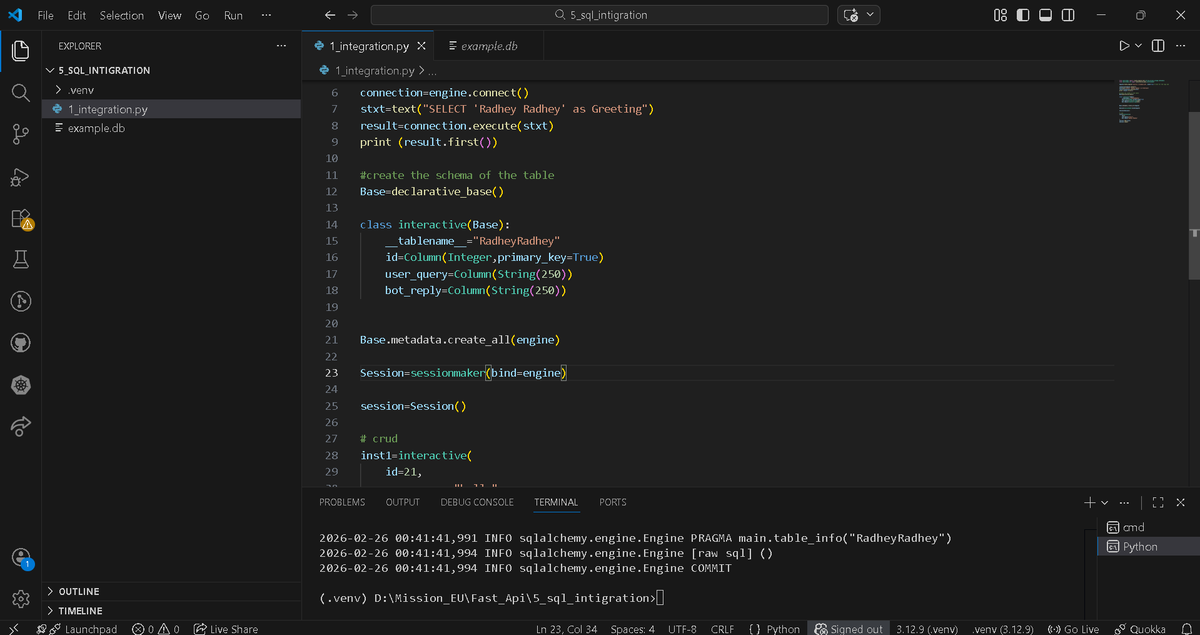 diwa810's tweet photo. Day 25 of #genAI+#Backend
Implemented #SQLAlchemy - #SQLite
• Engine setup
• ORM model creation
• Table creation
• Session handling
• Basic insert (CRUD)
Understanding how session+commit works is key to persistence
#Python #coding #Authantication #API #FastAPI #CodingJourney https://t.co/4HNRlfKAFB