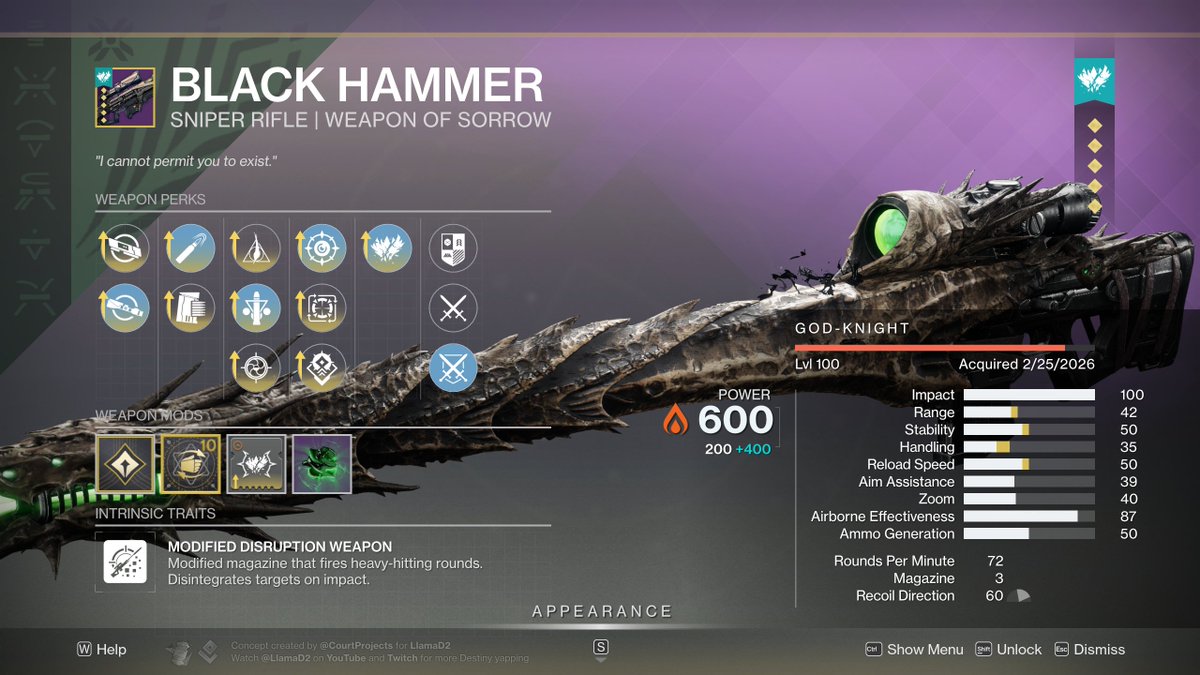 Bungie, ball is in your court for the upcoming Crota's End reprisal...

Would love Black Hammer back as a Disruption Sniper like the A499, keeps it separate from the identity of Whisper but still pays homage to the power of the original.