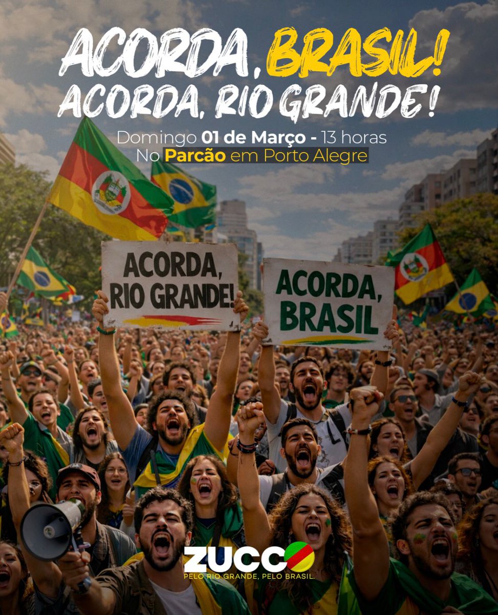 🚨 COMPARTILHEM AO MÁXIMO! 

🇧🇷 Acorda, Brasil! 
Acorda, Rio Grande! 

Data: 01.03 | Horário: 13h 
Local: Parcão - Porto Alegre/RS - e em todo o Brasil.