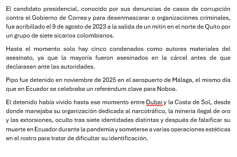 La noticia completa que publica la agencia <a href="/EFEnoticias/">EFE Noticias</a> sobre una acusación que hace alias Pipo desde España contra el presidente del Ecuador, Daniel Noboa, y que recogen ya medios de comunicación de América Latina. De por medio, el asesinato del excandidato presidencial Fernando
