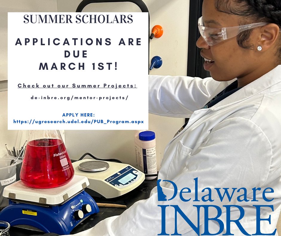 DelawareINBRE's tweet photo. There is still a few more days to apply to DE-INBRE Summer Scholars! If you are interested in getting hand-on experience in a research lab, we might be the program for you. Learn more here:  https://t.co/zVVK3ev0e7 https://t.co/E2dvY8G8PL
