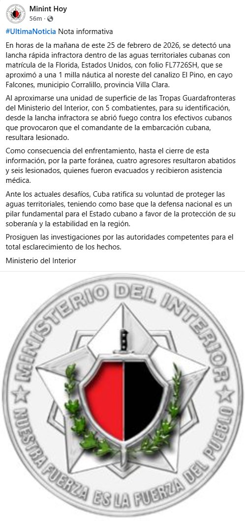 SaadAbedine's tweet image. Four passengers aboard a Florida-registered US 🇺🇸 speedboat were killed after an exchange of gunfire with Cuban 🇨🇺 border troops near Villa Clara province. Cuban authorities said the vessel opened fire first, injuring a commander before troops responded.

Four passengers aboard a