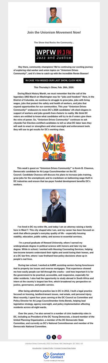 "Unionism Drives Community!" <a href="/WPFWDC/">WPFW89.3</a> Thurs., Feb. 26 at 5 pm continues its series abut DC's 2026 citywide candidates.  Democrat At-Large Candidate for DC Council <a href="/Kevinchavous/">Kevin B. Chavous</a> will discuss his legislative and oversight plans to uplift DC's working class.