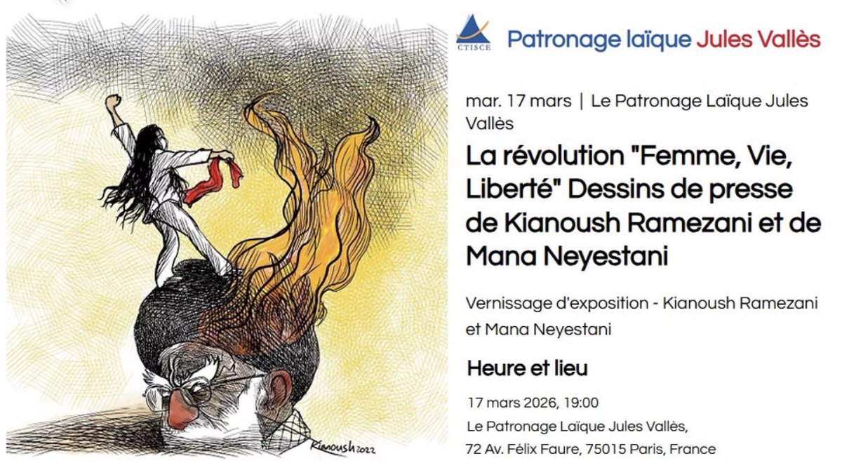 L’exposition "La révolution Femme, Vie, Liberté" Dessins de presse de <a href="/VuParKianoush/">Kianoush Ramezani</a> et de
<a href="/ManaNeyestani/">Mana Neyestani</a> c’est le 17 mars prochain au patronage laïque Jules Vallès ! <a href="/Iris_Farkhondeh/">Iris Iran Farkhondeh</a> 
patronagelaique.eu/event-details/…