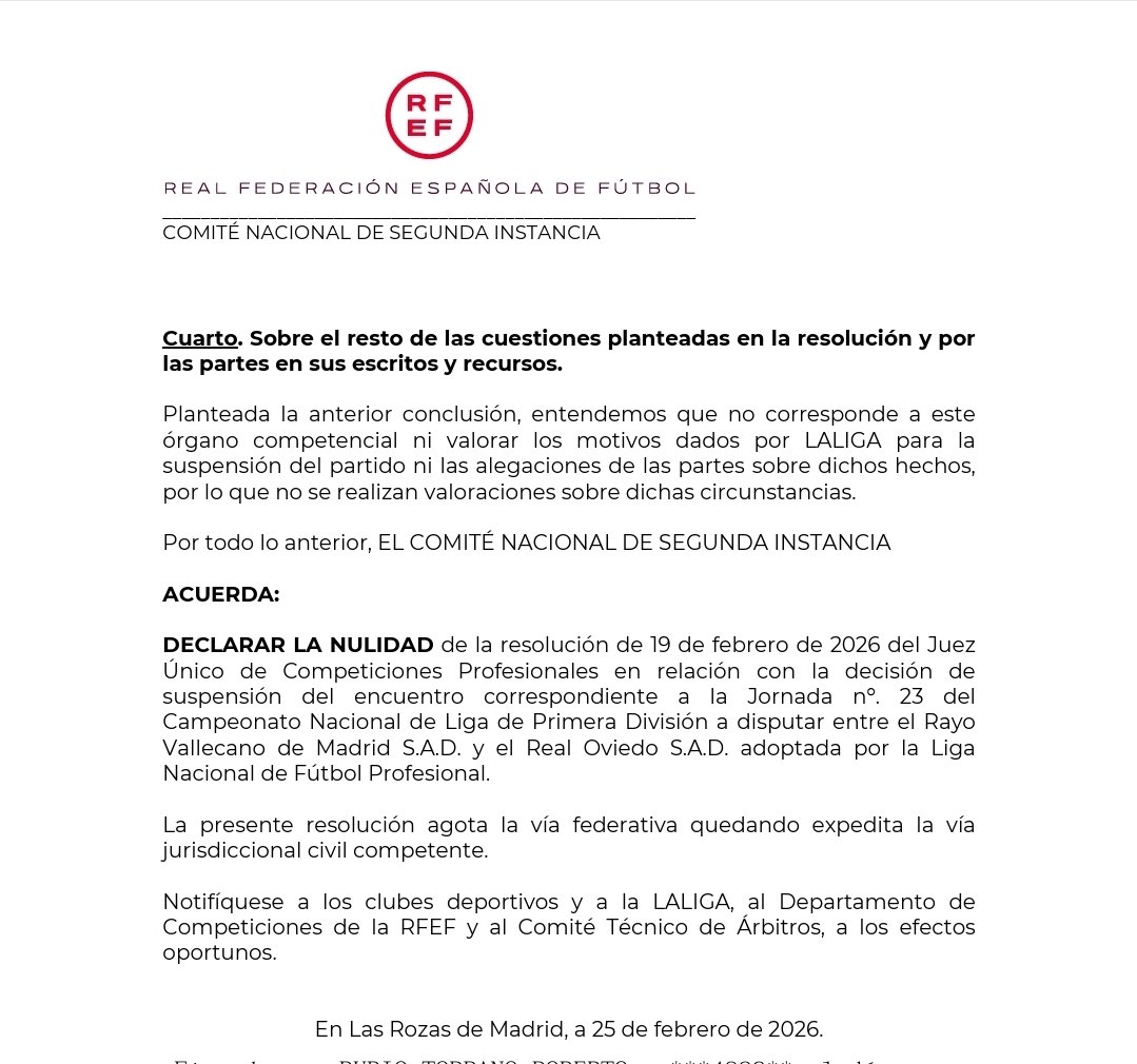 Rayo–Oviedo: el Comité de Apelación se lava las manos y el partido se jugará en los Juzgados de lo Mercantil de Madrid

Apelación “reconfigura” el objeto del recurso como si se tratara de un control general de una decisión organizativa de LALIGA, cuando en realidad se recurre una