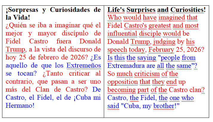 JMAlbertos's tweet photo. ¡Sorpresas y Curiosidades de la Vida! ¿Quién en su sano juicio, se iba a imaginar qué el mejor y mayor discípulo de Fidel Castro, fuera Donald Trump, a la vista del contenido y duración de su discurso de hoy 25-02-26?... ¿?... ¿?... ¿?... ¿?... ¿?... ¿?... https://t.co/pQstKKtZHL