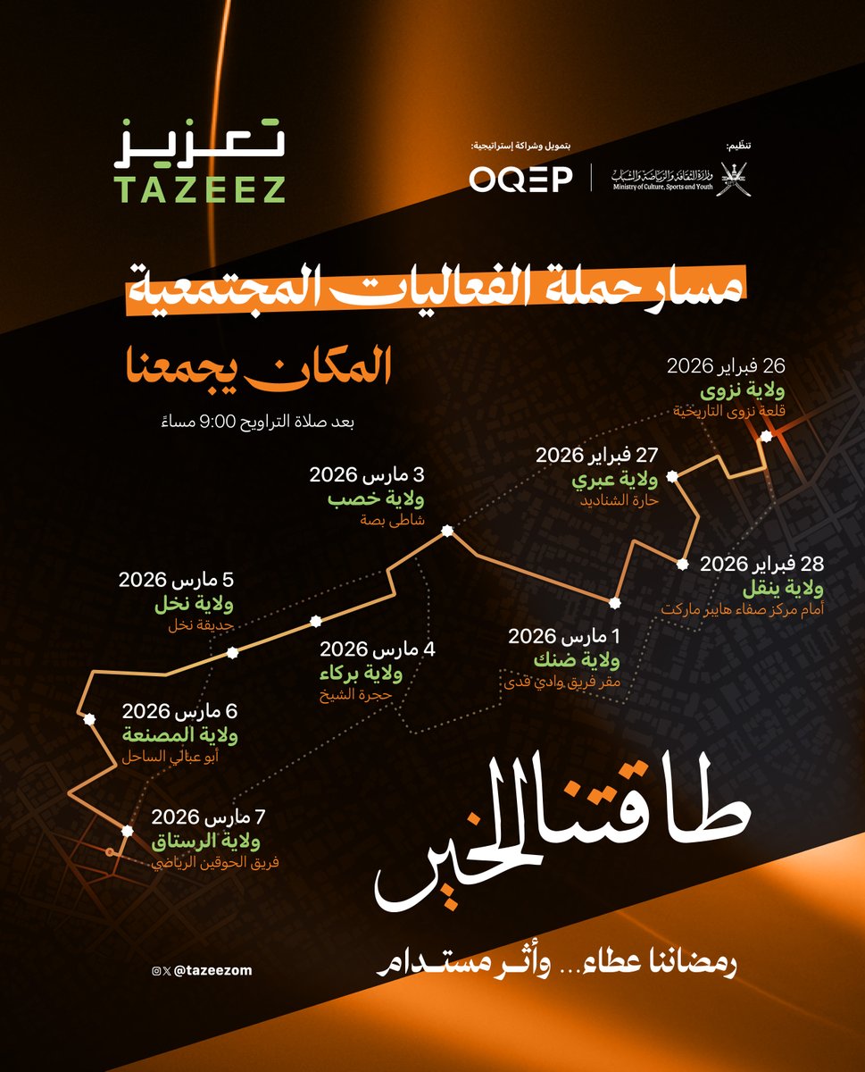 المواقع التالية في انتظاركم…
وموعدنا معكم في رحلة جديدة من الأثر والعطاء ضمن فعاليات طاقتنا للخير 🌙✨

بعد صلاة التراويح 🕘
المكان يجمعنا… والأثر يبدأ بكم 🤍

رمضاننا عطاء… وأثر مستدام.

#طاقتنا_للخير
#تعزيز
#OQEP