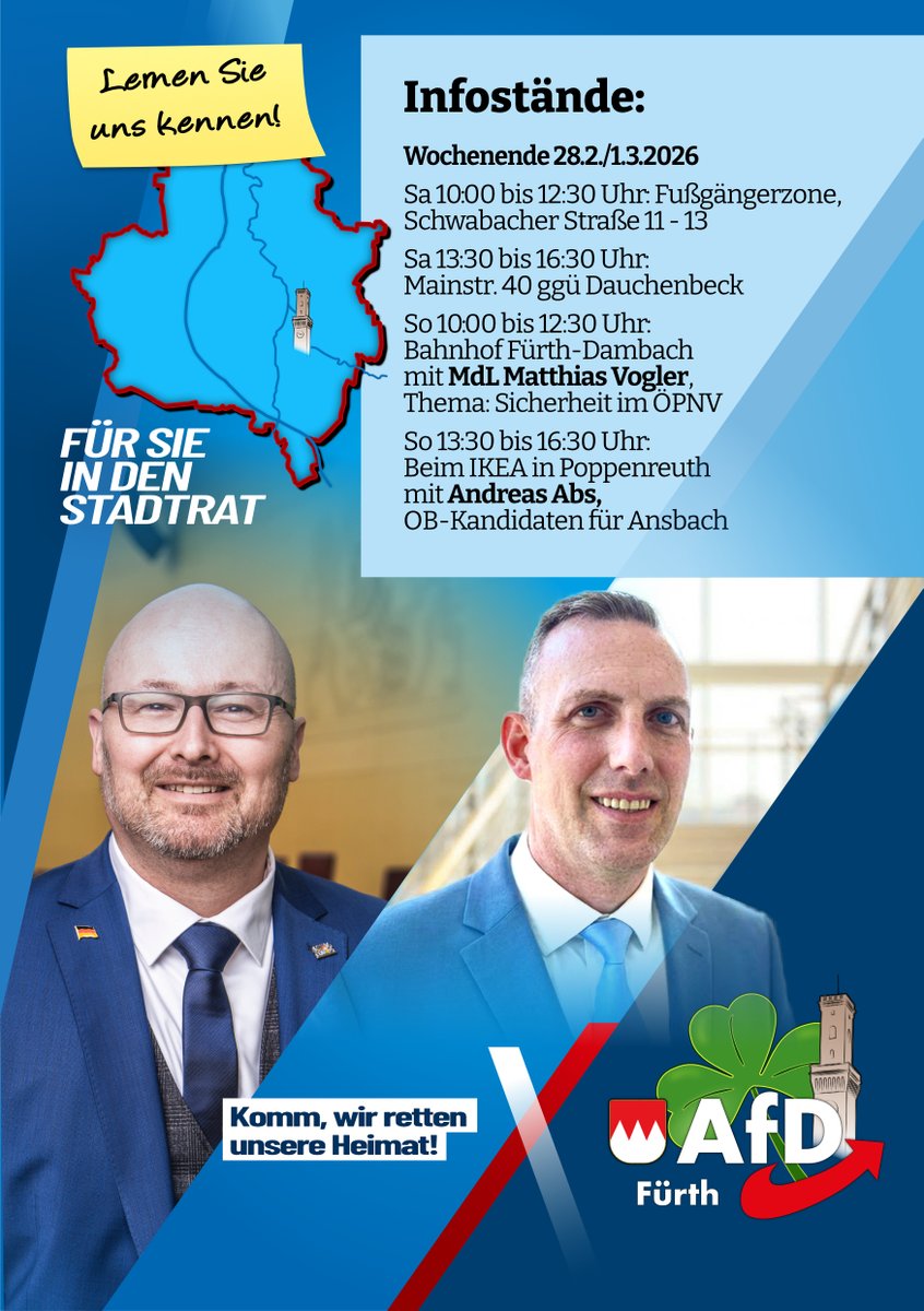 ah114088's tweet image. Wochende 28.2./1.3.2026: Bei dem Infostand am Bahnhof #Fürth-Dambach wollen wir mit MdL Matthias Vogler über Sicherheit im ÖPNV sprechen. Mit dem OB-Kandidaten für Ansbach Andreas Abs soll es um organisierte Aktionen diverser Antifa-Bündnisse zur Kommunalwahl gegen die #AfD gehen