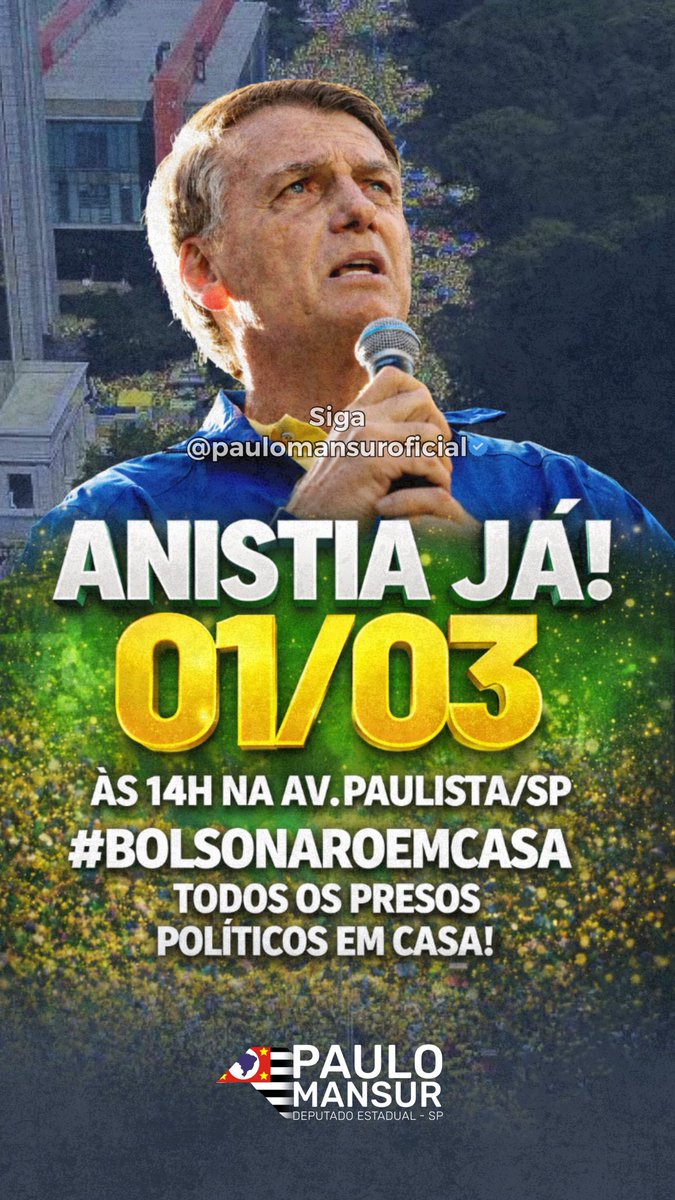 paulomansur_'s tweet photo. Pela liberdade de Jair Bolsonaro.

Dia 1º de março não é apenas mais uma data.
É o momento de mostrar que o Brasil não aceita injustiça seletiva nem decisões com pesos diferentes para lados diferentes.

Anistia já. Ampla, geral e irrestrita.
Chega de transformar divergência política em crime. Chega de tratar cidadãos como exemplo de punição para intimidar milhões.

Às 14h, na Avenida Paulista, vamos levantar a voz pela liberdade, por garantias constitucionais e por uma Justiça que seja igual para todos.

O Brasil não pertence a um sistema.
O Brasil pertence ao seu povo.

Se você acredita nisso, esteja lá.
E se você concorda, me segue para fortalecer essa luta