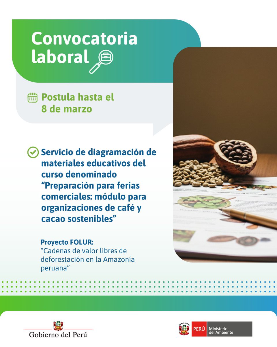 MinamPeru's tweet photo. 💼 ¡Forma parte del Proyecto #FOLUR!🌱| Buscamos una empresa u organización que se encargue de un servicio especializado de diagramación editorial. Este servicio permitirá dotar a los documentos de un diseño funcional, moderno e inclusivo, además de una revisión de redacción orientada a mejorar la claridad y el uso de un lenguaje amigable, garantizando la incorporación transversal de los enfoques de género, interculturalidad e intergeneracional, sin alterar los contenidos ya aprobados.
📲 Más detalles 👉 https://t.co/N8SpAwW60p
#CafeyCacaoSostenible