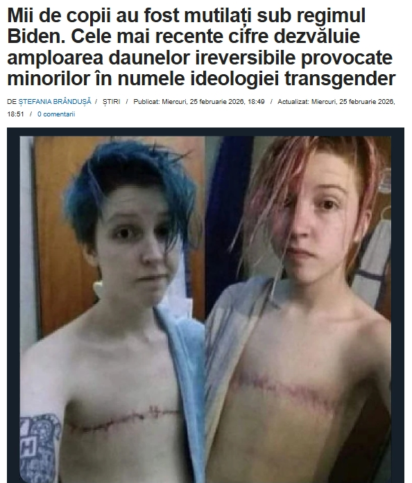 mariandidthis's tweet photo. #Soros #Ideologie #Propaganda #Manipulare #WOKE #LGBTQ #Indoctrinare #Globalism #USA #ActiveNews #StopTheHarm #Trans
Noile dezvăluiri din baza de date Stop The Harm expun o realitate sumbră: între 2019 și 2023, mii de copii americani au fost supuși unor intervenții chirurgicale care le-au schimbat viața, tratamente hormonale și blocante ale pubertății în numele ideologiei transgender.
- 5.747 de copii au suferit mutilări chirurgicale
- 8.579 de copii au primit hormoni și blocanți ai pubertății
În total, 13.994 de minori au suferit o formă de tratament de schimbare de sex, în timp ce un număr șocant de mare, de 62.682 de rețete, pentru aceste intervenții au fost prescrise pentru copii.