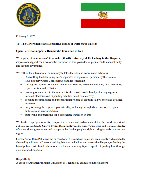 PahlaviComms's tweet photo. More than 1,300 alumni of Aryamehr University, emphasizing six specific demands addressed to the governments and legislative bodies of democratic countries, have called for the recognition of Prince Reza Pahlavi as the legitimate leader of a transitional government to guide Iran’s transition to democracy.