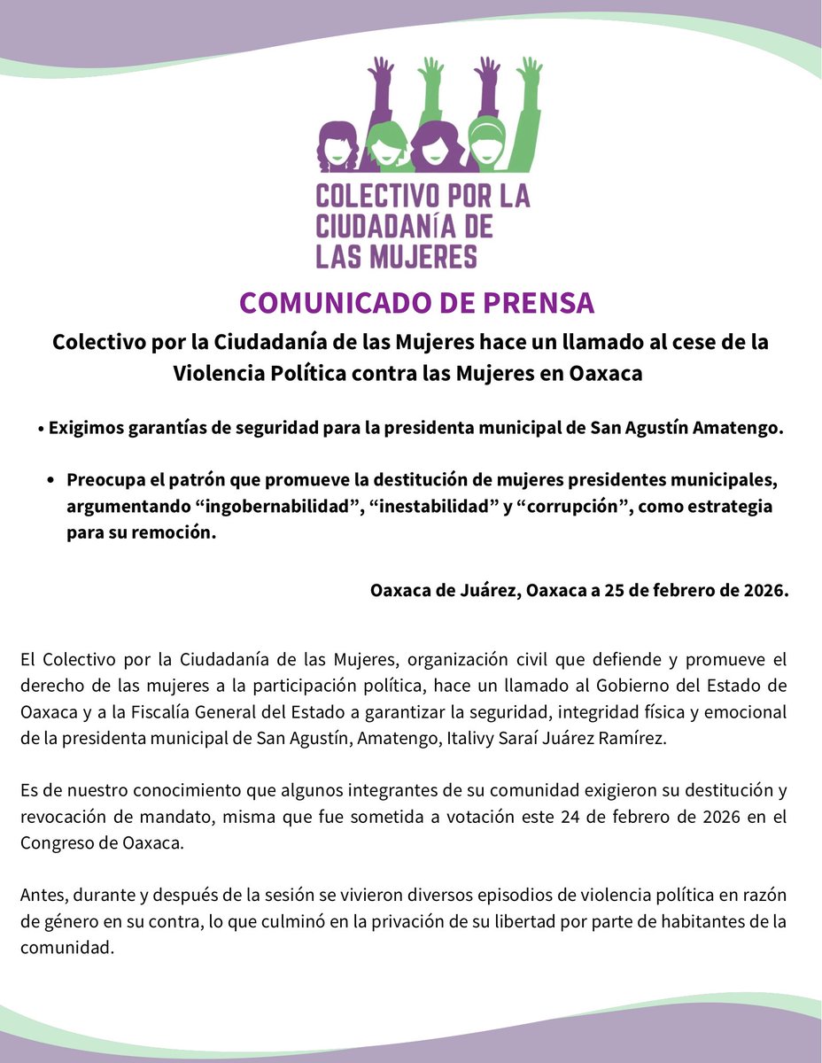 analosan's tweet photo. 📢Comunicado de prensa: El Colectivo por la Ciudadanía de las Mujeres hace un llamado al cese de la Violencia Política contra las Mujeres en #Oaxaca 

* Exige garantías de seguridad para la presidenta municipal de San Agustín Amatengo. https://t.co/5T4NWCVMGB