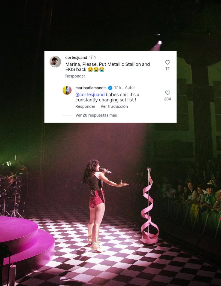 MATDMexico's tweet photo. ✩ Marina confirma que cantará diferentes canciones en cada show del tour.

👤: Marina, por favor. Canta Metallic Stallion y Everybody knows I'm Sad
🦋: Babes, tranquilos. Es un setlist que cambiará constantemente.

¿Que canción les gustaría que si o si cantará en nuestro país?<3 https://t.co/hJ31N1JlUG